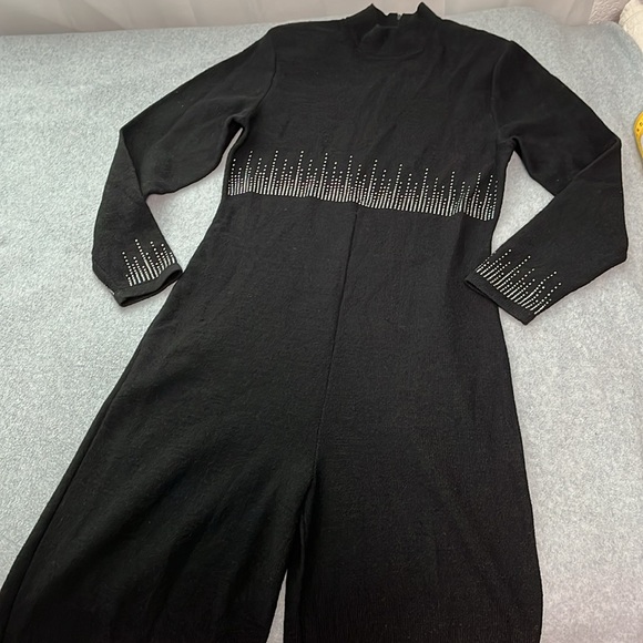 Vintage Black Wide Leg Jumpsuit Large Mod Disco Whimsigoth Designer - Picture 11 of 13